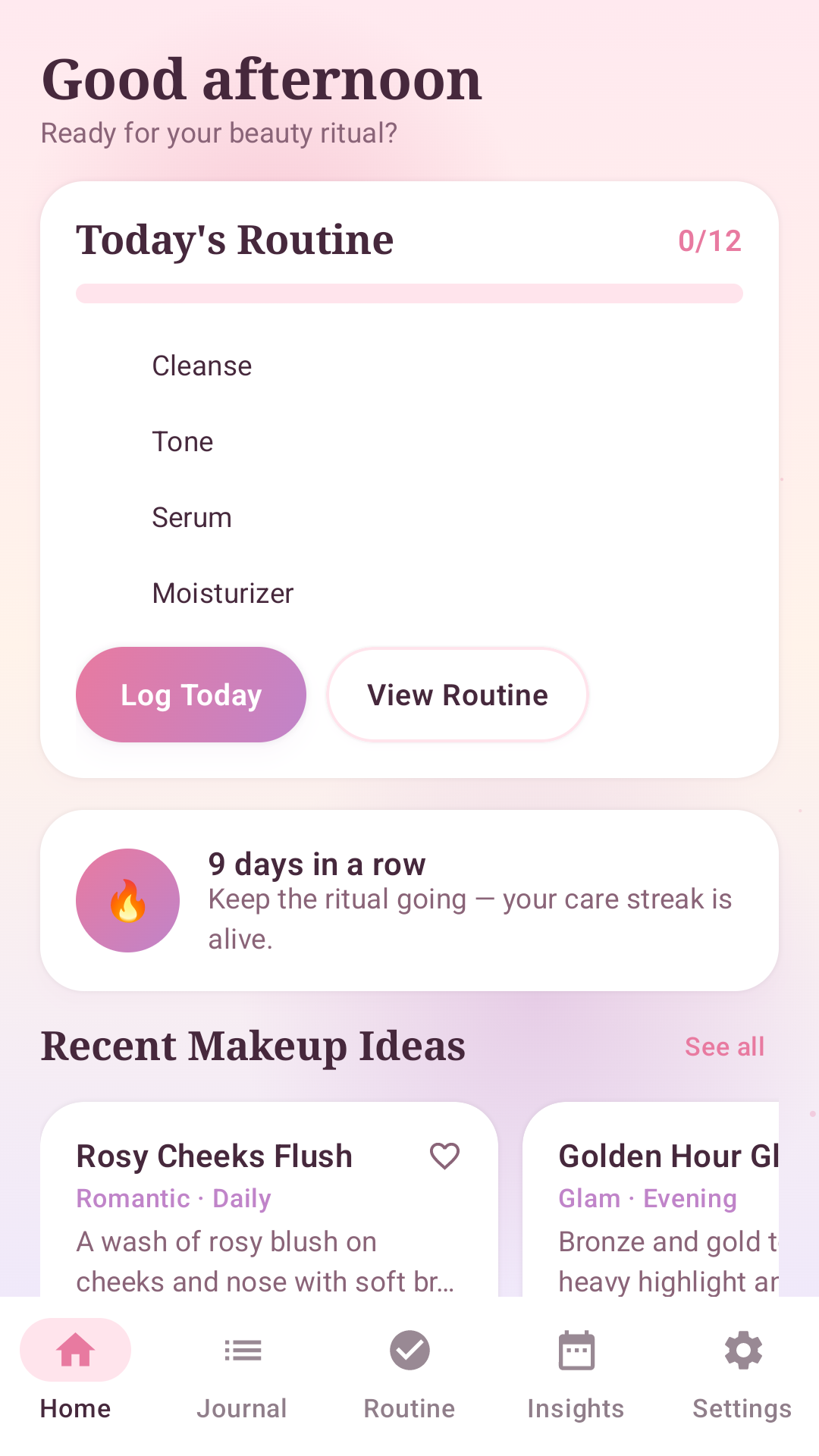 Beauty Journal application home screen